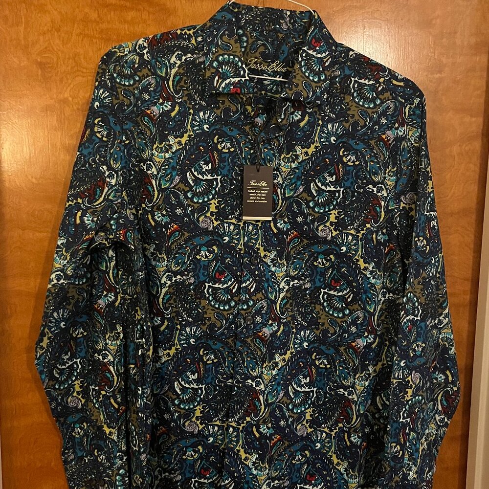 Tasso Elba Paisley Blue Dress Shirt, M